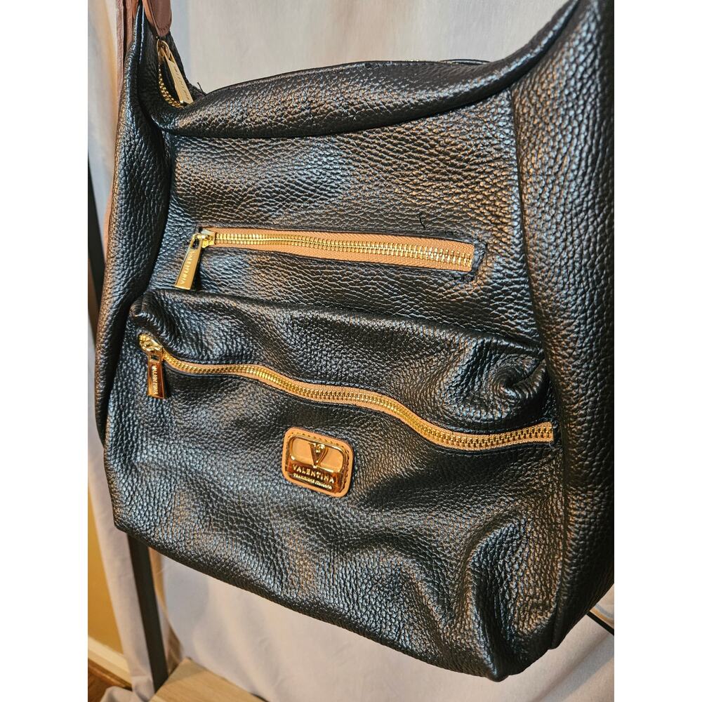 Valentina Black & Brown Pebbled Leather Shoulder Bag - Picture 8 of 11